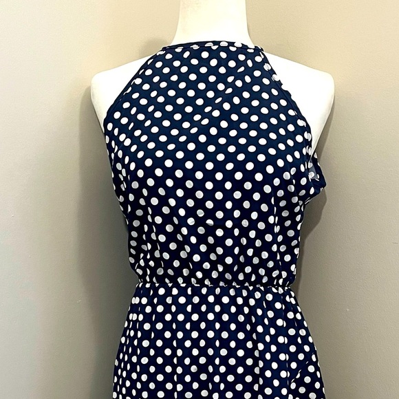 Claudia G Sleeveless Asymmetric‎ HalterTop Dress Womens M Navy White Dot NWOT - Picture 5 of 14